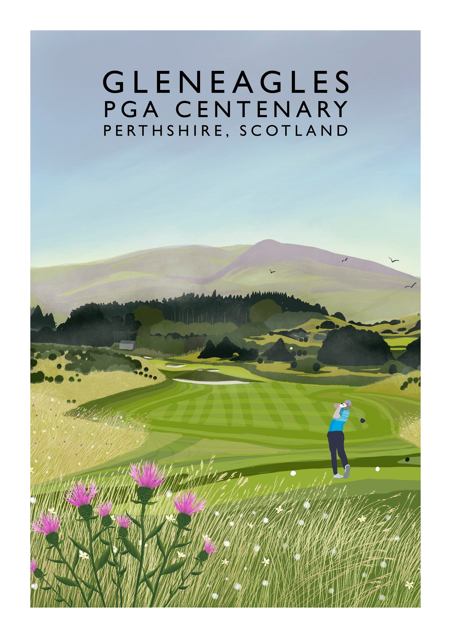 Gleneagles, PGA Centenary Course, Scotland, Golf Travel Poster, Railway Poster Style, Giclee print signed by artist, made in Scotland