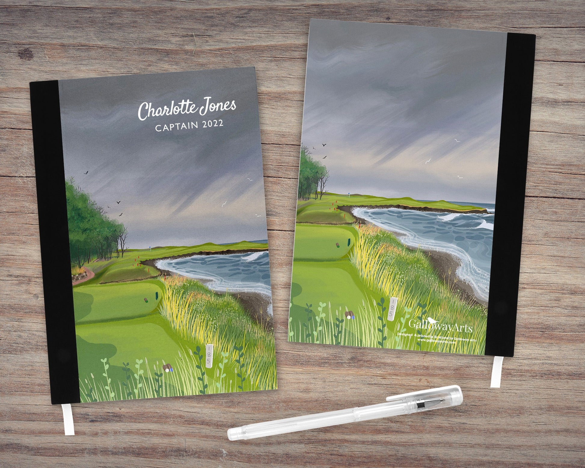 Personalised golfers notebook - A5. Hard cover linen effect featuring a painting of Kingsbarns Golf Links. Gift for Golfer. Golf prizes.