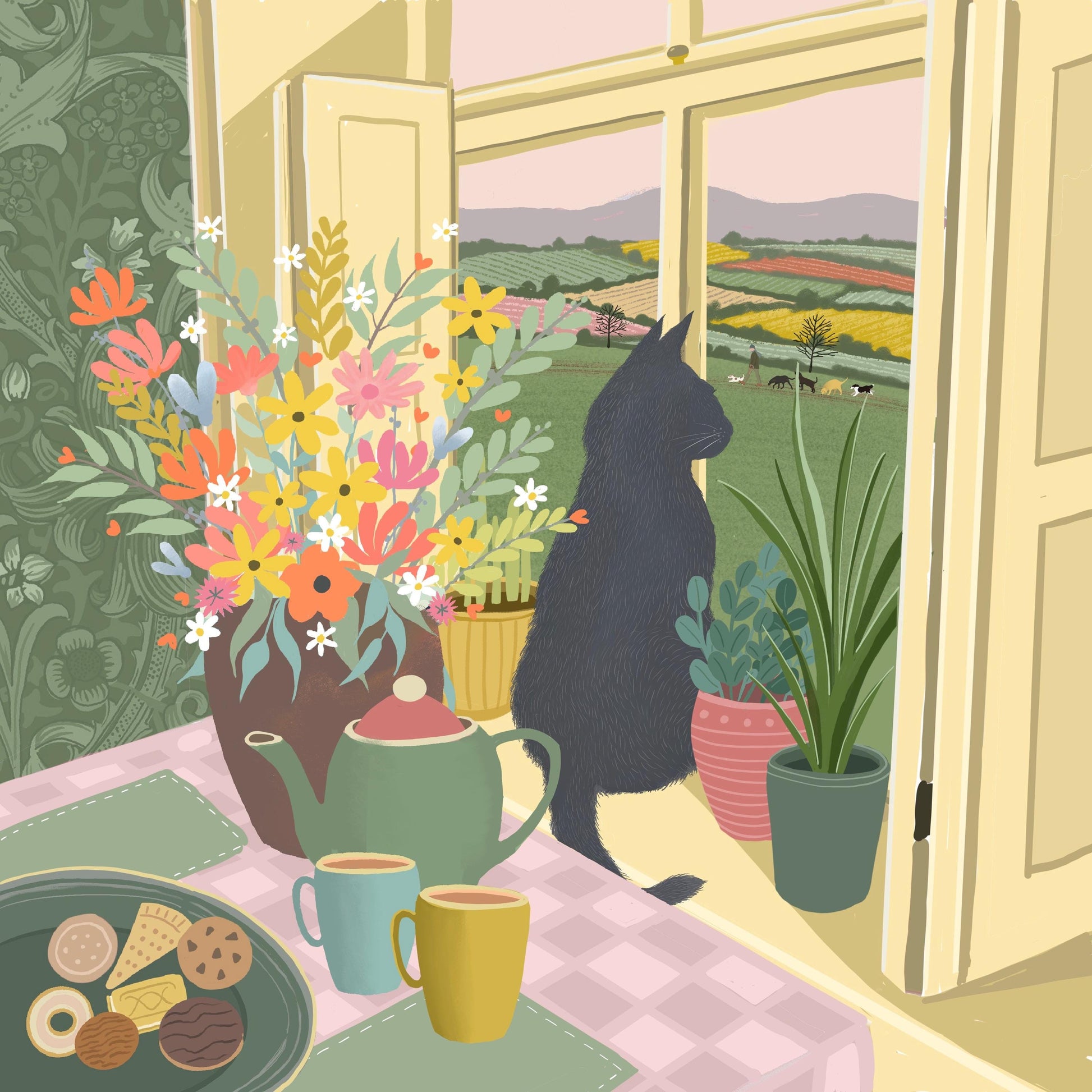 Cat in a Window Art Print. Original art - Time for a Cuppa.