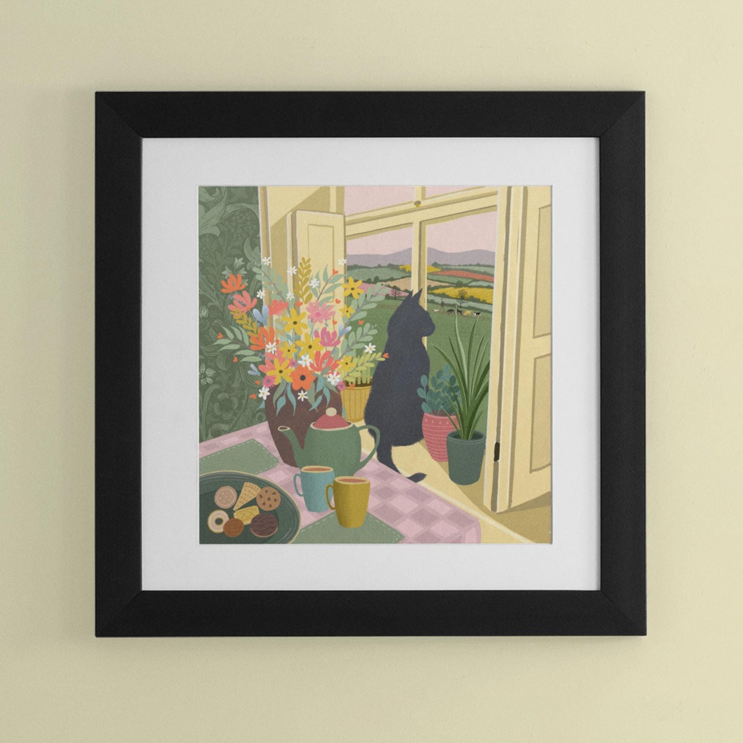Cat in a Window Art Print. Original art - Time for a Cuppa.