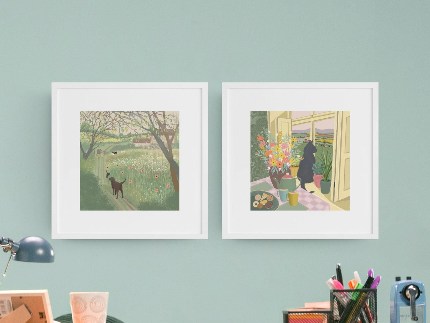 Cat in a Window Art Print. Original art - Time for a Cuppa.