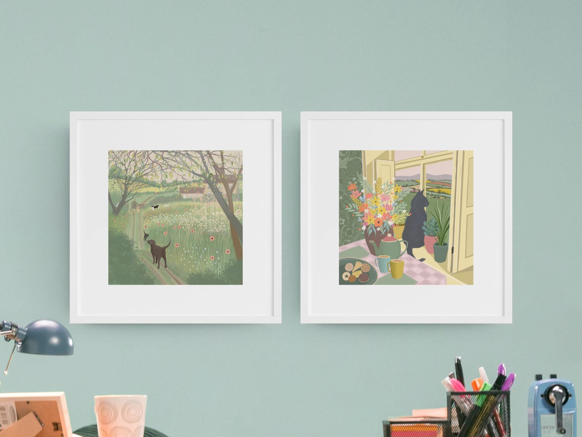 Cat in a Window Art Print. Original art - Time for a Cuppa.