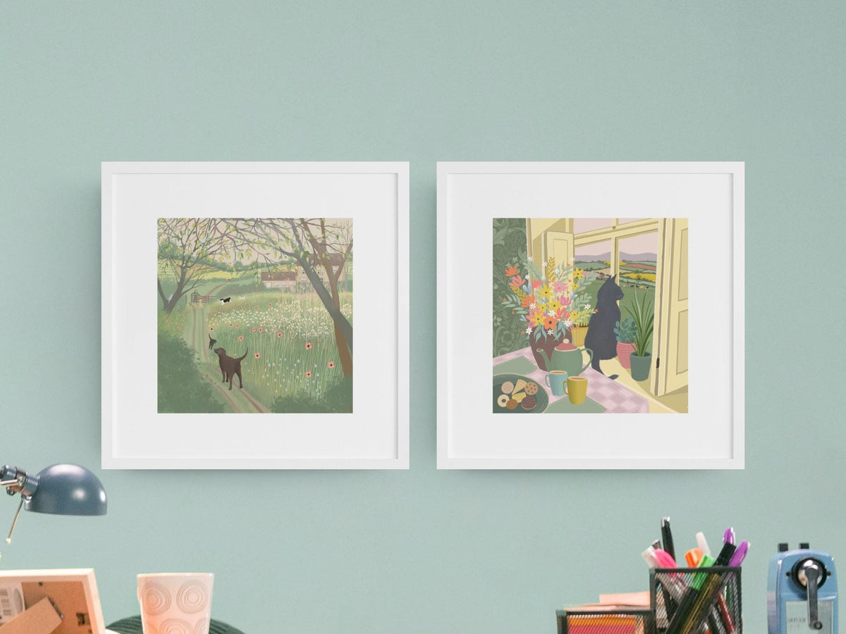 Cat in a Window Art Print. Original art - Time for a Cuppa.