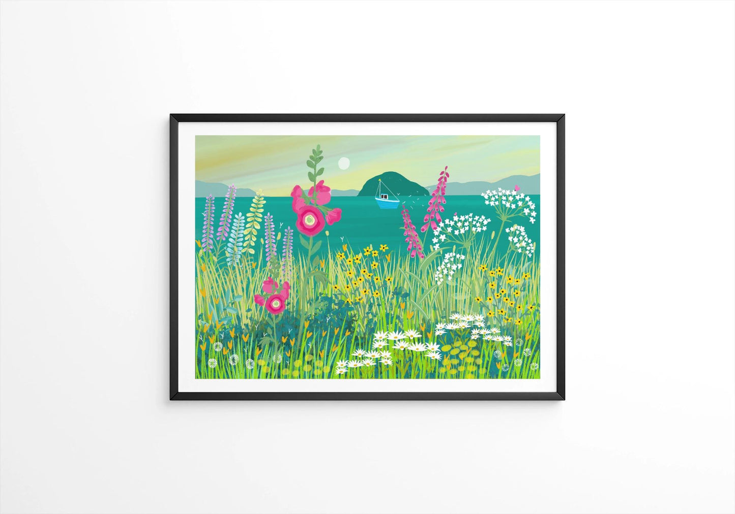 Ayrshire Glow - Signed Giclee Print. Art print, Home Decor, Office Art. Wildflowers with view from the Ayrshire coast of Ailsa Craig & Arran
