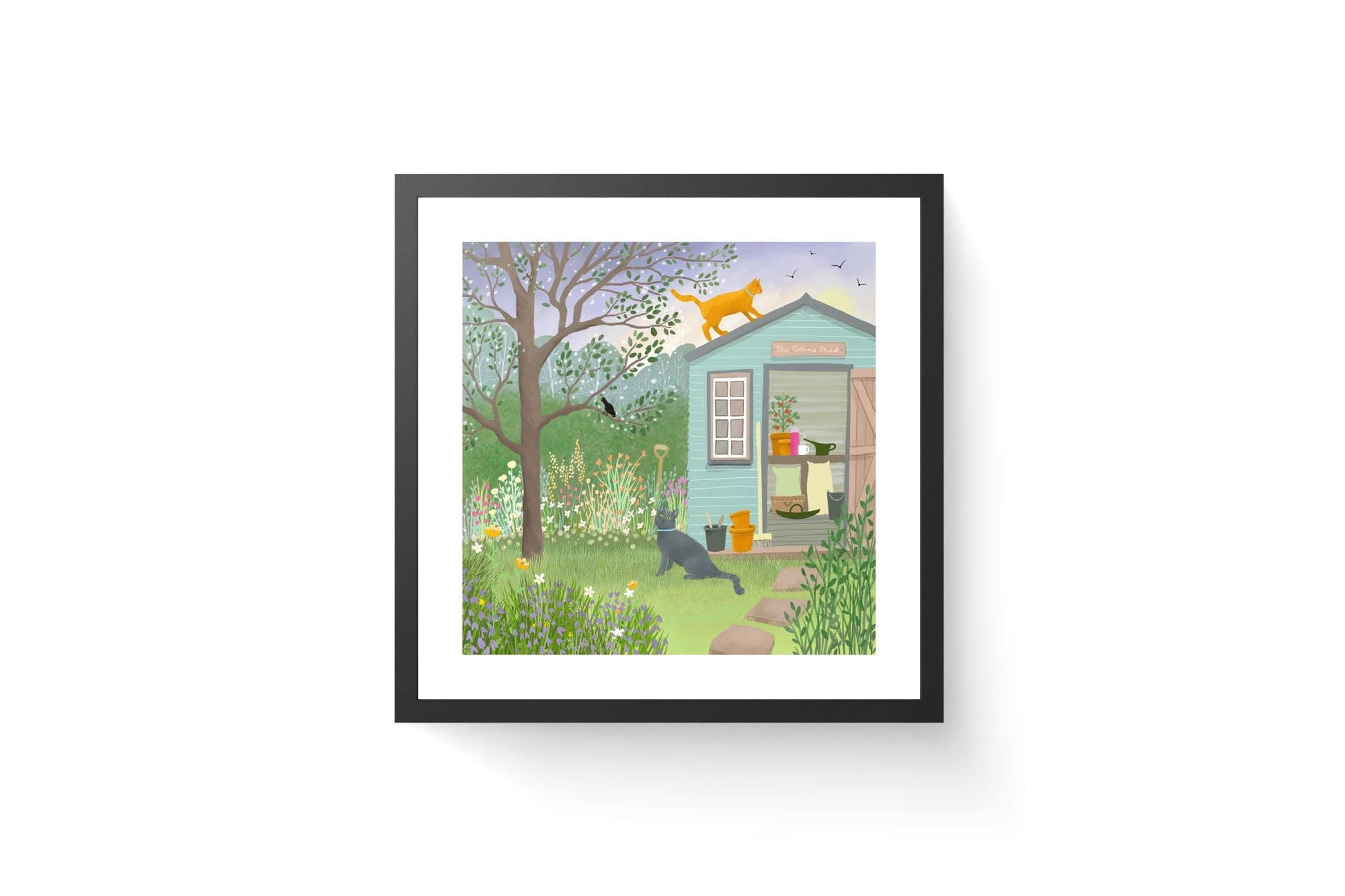 Cat Art print with ginger and grey cats on a shed in a spring garden