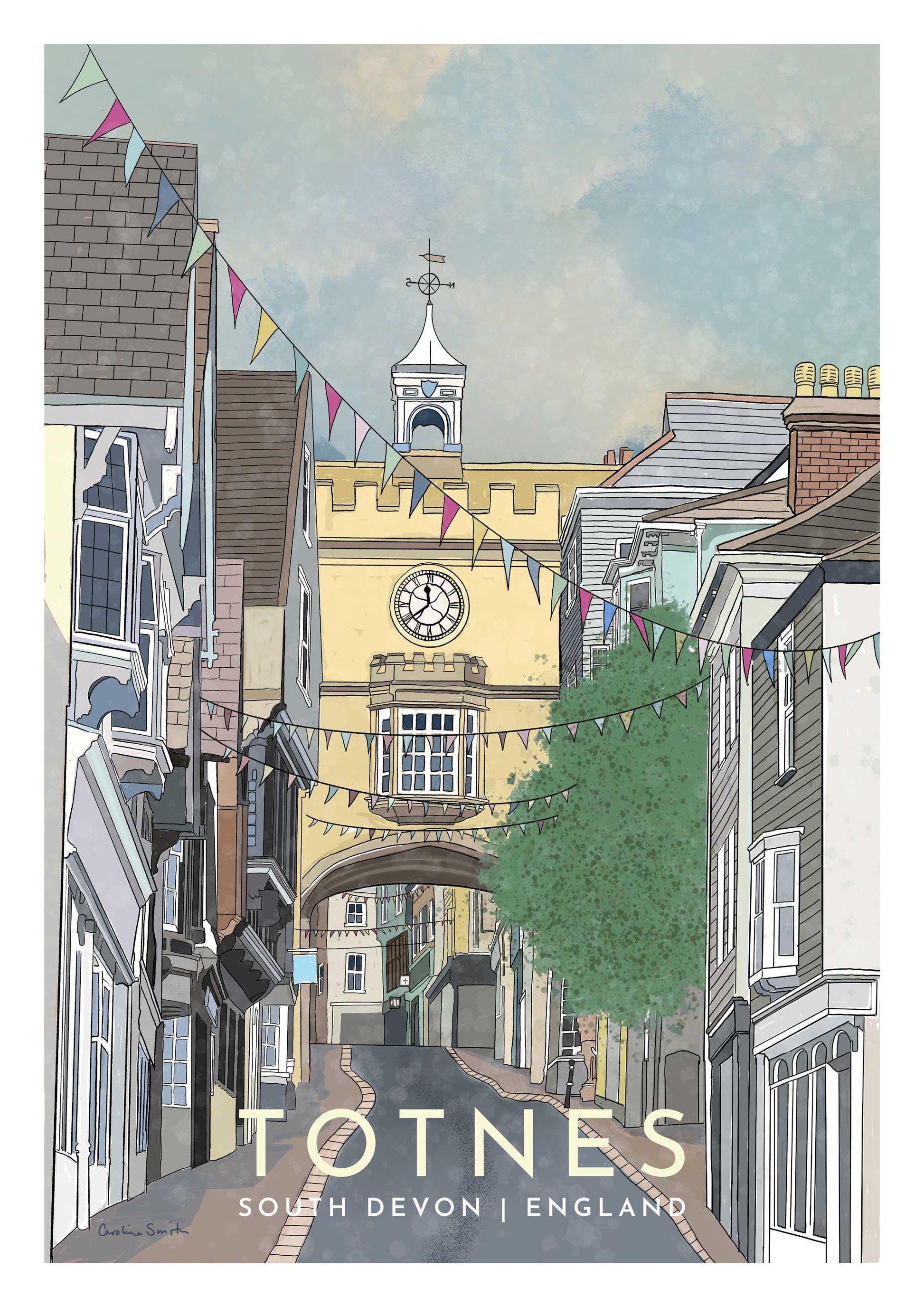Totnes, South Devon, English Travel Poster, Framed or unframed - A5,A4,A3,A2,A1