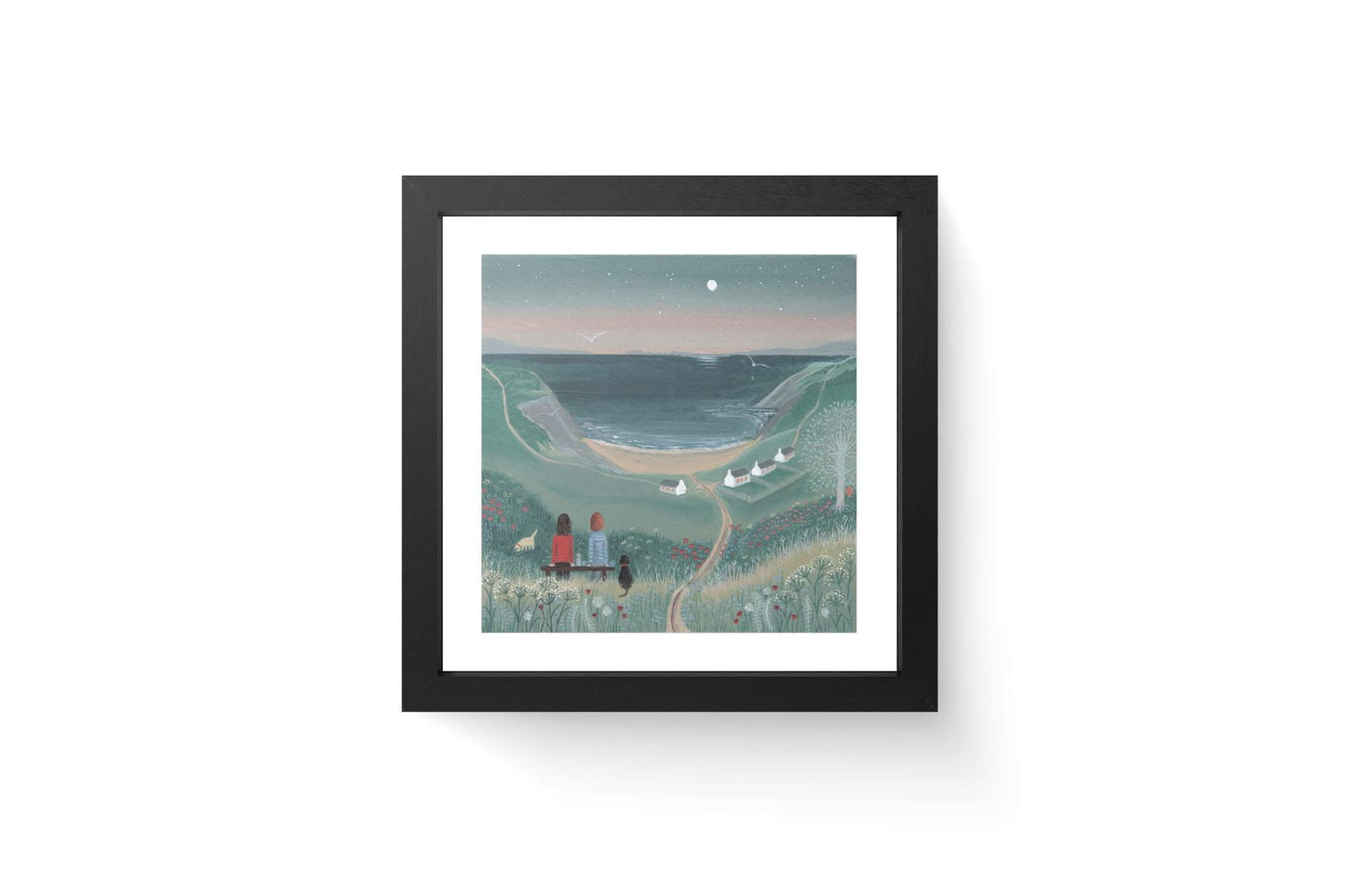 Coastal Dog Walk Art Print, Evening Seascape, Gift for Dog Lover