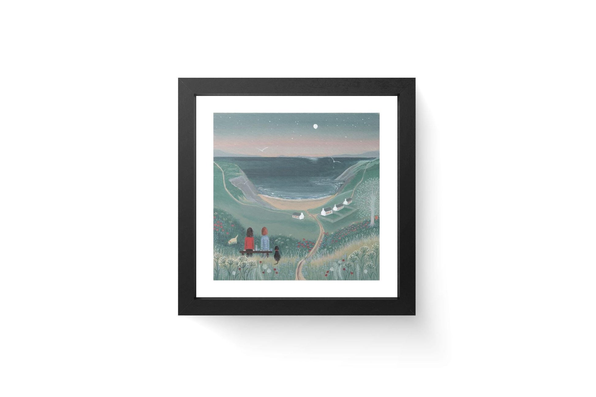 Coastal Dog Walk Art Print, Evening Seascape, Gift for Dog Lover