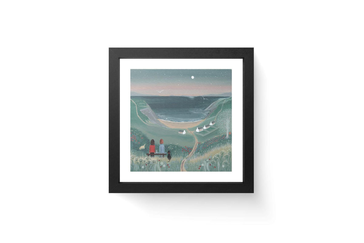 Coastal Dog Walk Art Print, Evening Seascape, Gift for Dog Lover