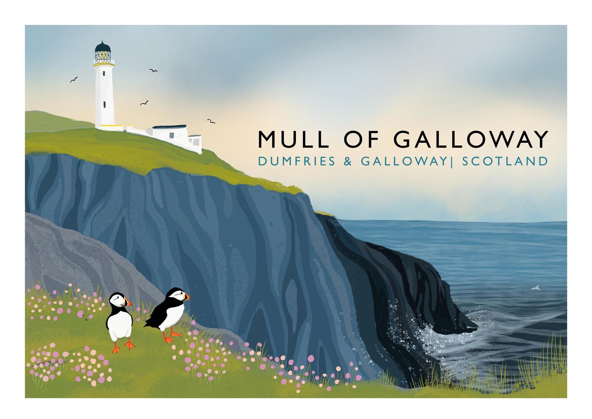 Mull of Galloway | Scottish Travel Poster | Signed by artist | Giclee Art print | Lighthouse print | Puffin Print