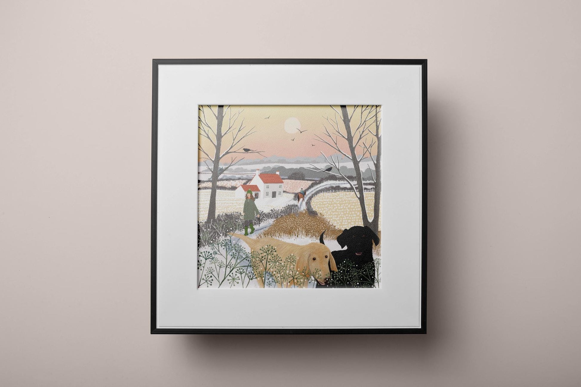 Best Buddies art print. Print only or Framed. Wall art featuring a winter country scene of a dog walk with labradors.