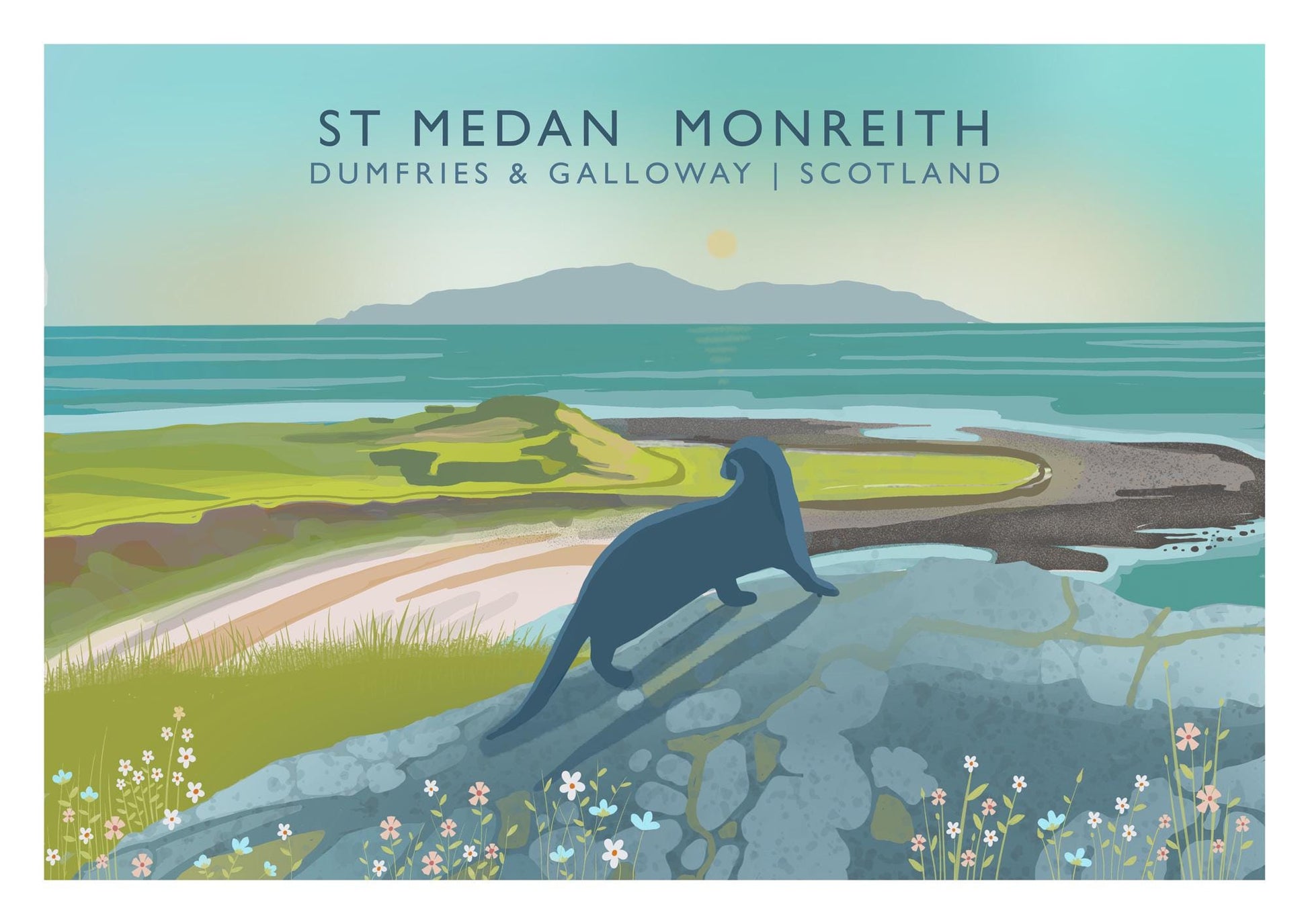 St Medan Monreith Travel Poster | Scottish Landscape with Maxwells Otter | A5, A4, A3, A2, A1 - Print only or Framed