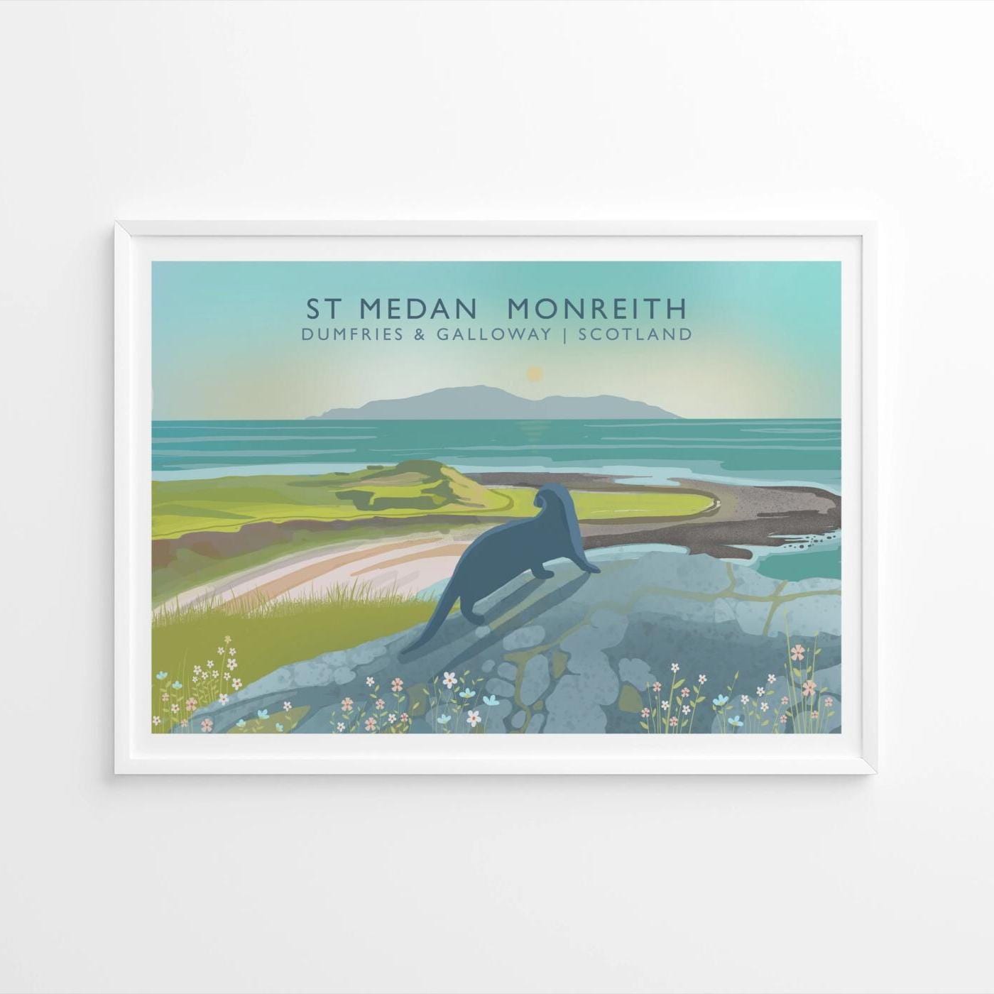 St Medan Monreith Travel Poster | Scottish Landscape with Maxwells Otter | A5, A4, A3, A2, A1 - Print only or Framed