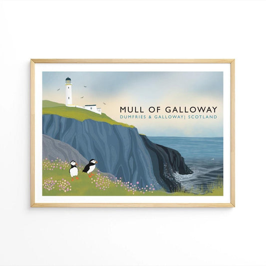 Mull of Galloway Scottish Travel Poster, Lighthouse and Puffins