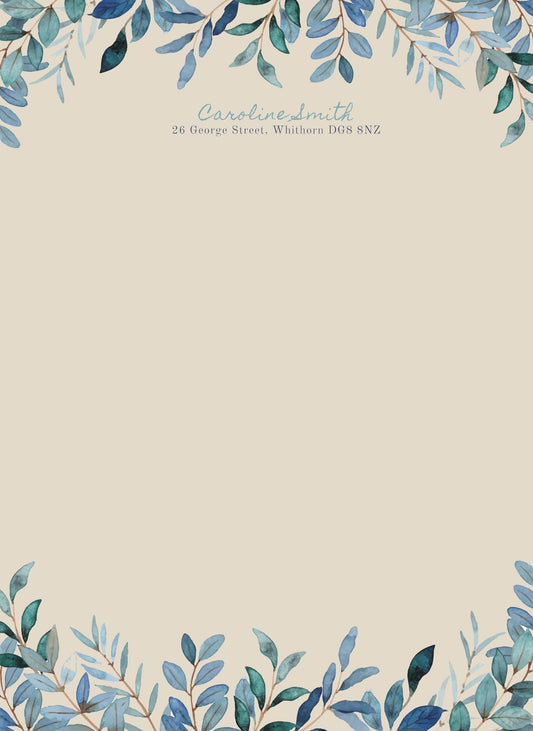 Personalised Watercolour Blue Leaves Stationery Set. Lovely thick A5 Writing paper and matching envelopes. Vintage Style letter writing.
