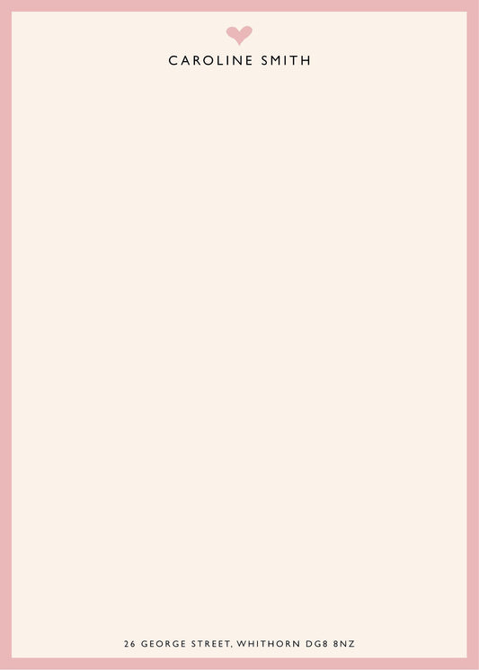 Personalised Pink Border with heart Stationery Set. Lovely thick A5 Writing paper and matching envelopes. Vintage Style letter writing.