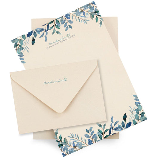 Personalised Watercolour Blue Leaves Stationery Set. Lovely thick A5 Writing paper and matching envelopes. Vintage Style letter writing.