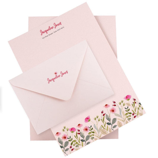 Personalised Pink Floral Stationery Set. Lovely thick A5 Writing paper and matching envelopes. Vintage Style letter writing.