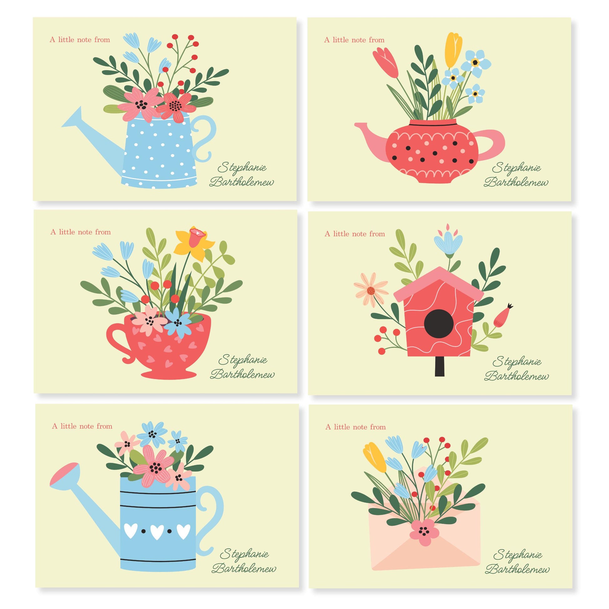 Pack of 12 Colourful, floral design cream or white Correspondence Notecards and envelopes. Two each of six designs.