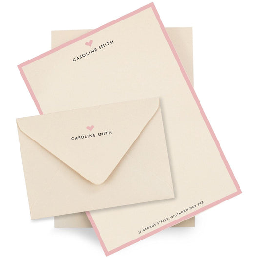 Personalised Pink Border with heart Stationery Set. Lovely thick A5 Writing paper and matching envelopes. Vintage Style letter writing.