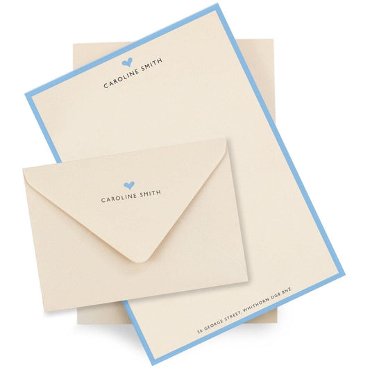 Personalised Blue Border with Heart Stationery Set. Lovely thick A5 Writing paper and matching envelopes. Vintage Style letter writing.