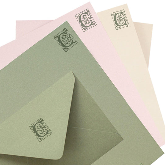 Personalised Medieval Monogram Stationery Set. Thick A5 Writing paper and matching printed envelopes. Green, Pink or Almond paper.