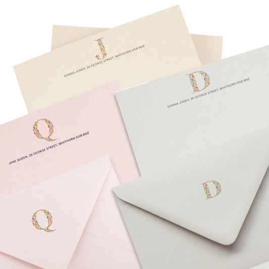 Personalised Colourful Flower Monogram Stationery Set. Thick A5 Writing paper and matching printed envelopes. Grey, Pink or Almond paper.