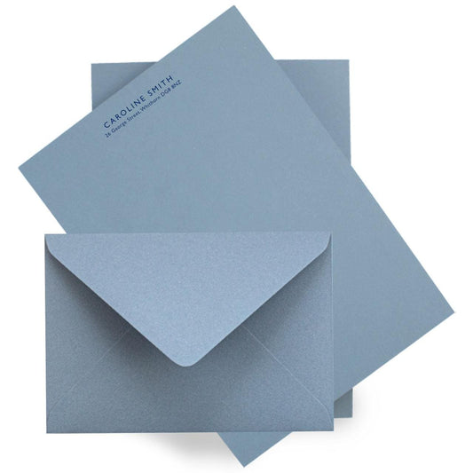Personalised Simple Text Stationery Set. Thick A5 Writing paper and matching plain envelopes. Moss green or Dusky Blue paper.