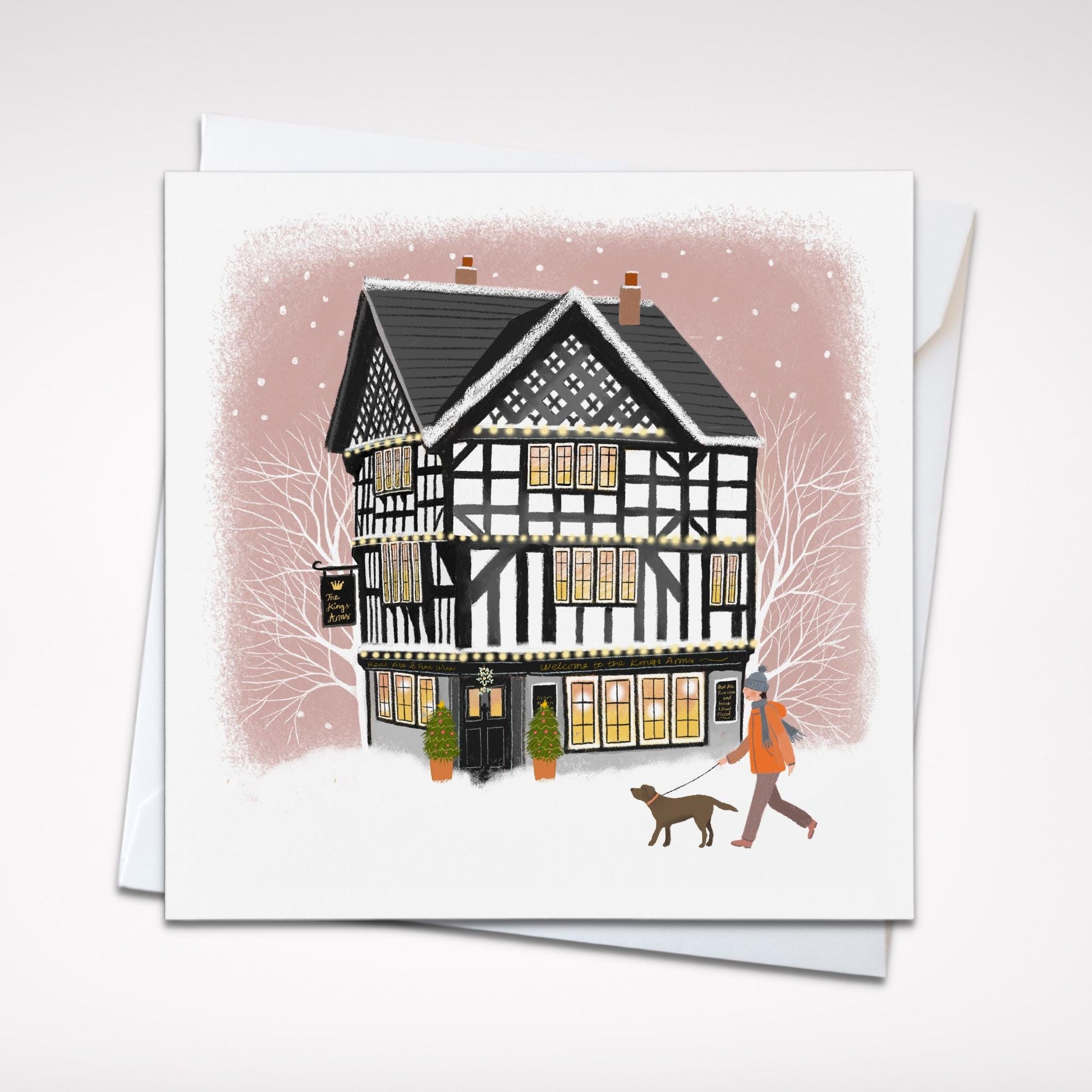 The Kings Arms Christmas Card. Christmas Shopfronts. Can be personalised. Traditional British Pub