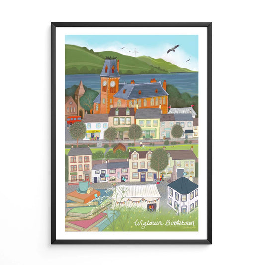 Framed artwork of wigtown, Scotland's National Booktown with a clock tower on a white background