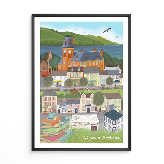 Framed artwork of wigtown, Scotland's National Booktown with a clock tower on a white background
