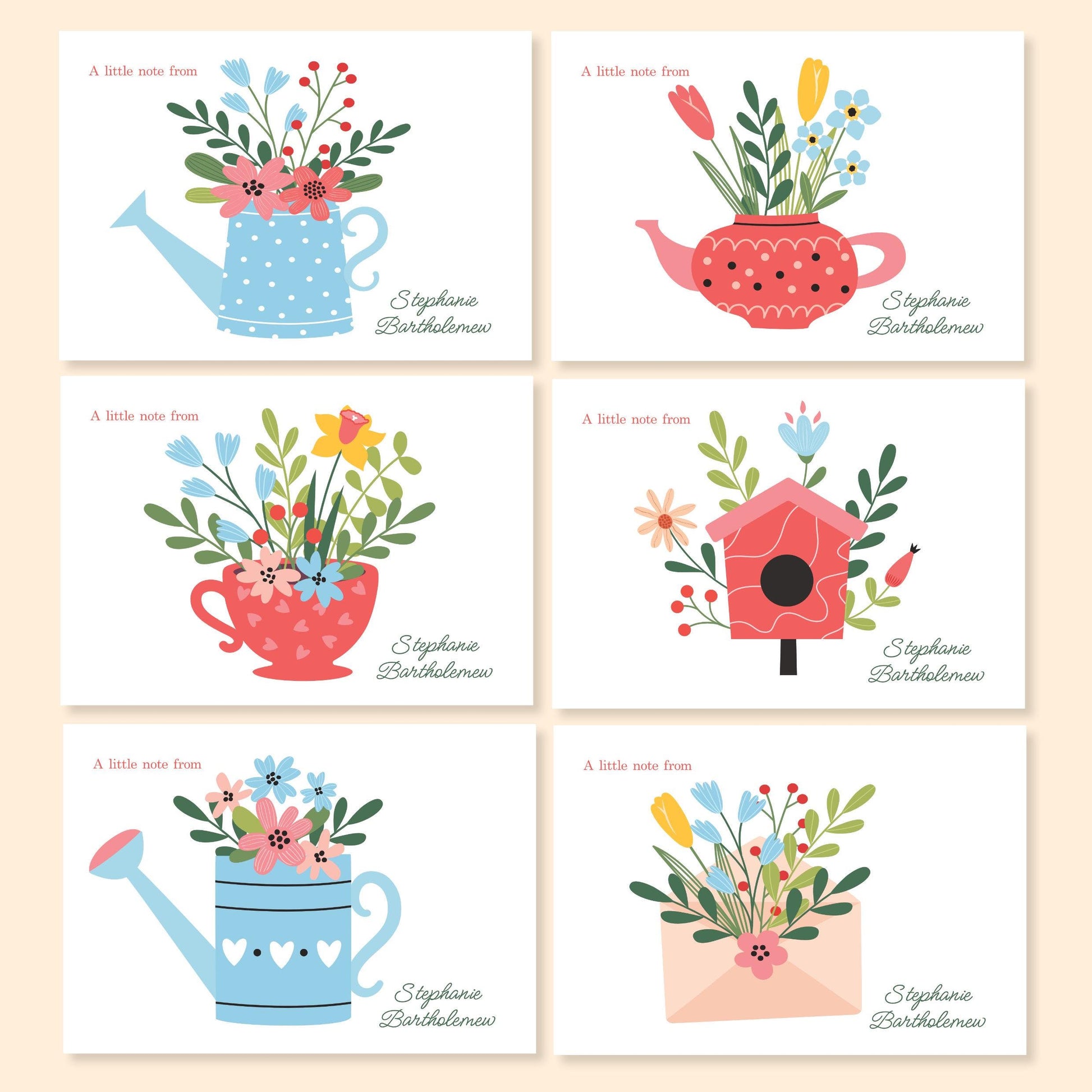 Pack of 12 Colourful, floral design cream or white Correspondence Notecards and envelopes. Two each of six designs.