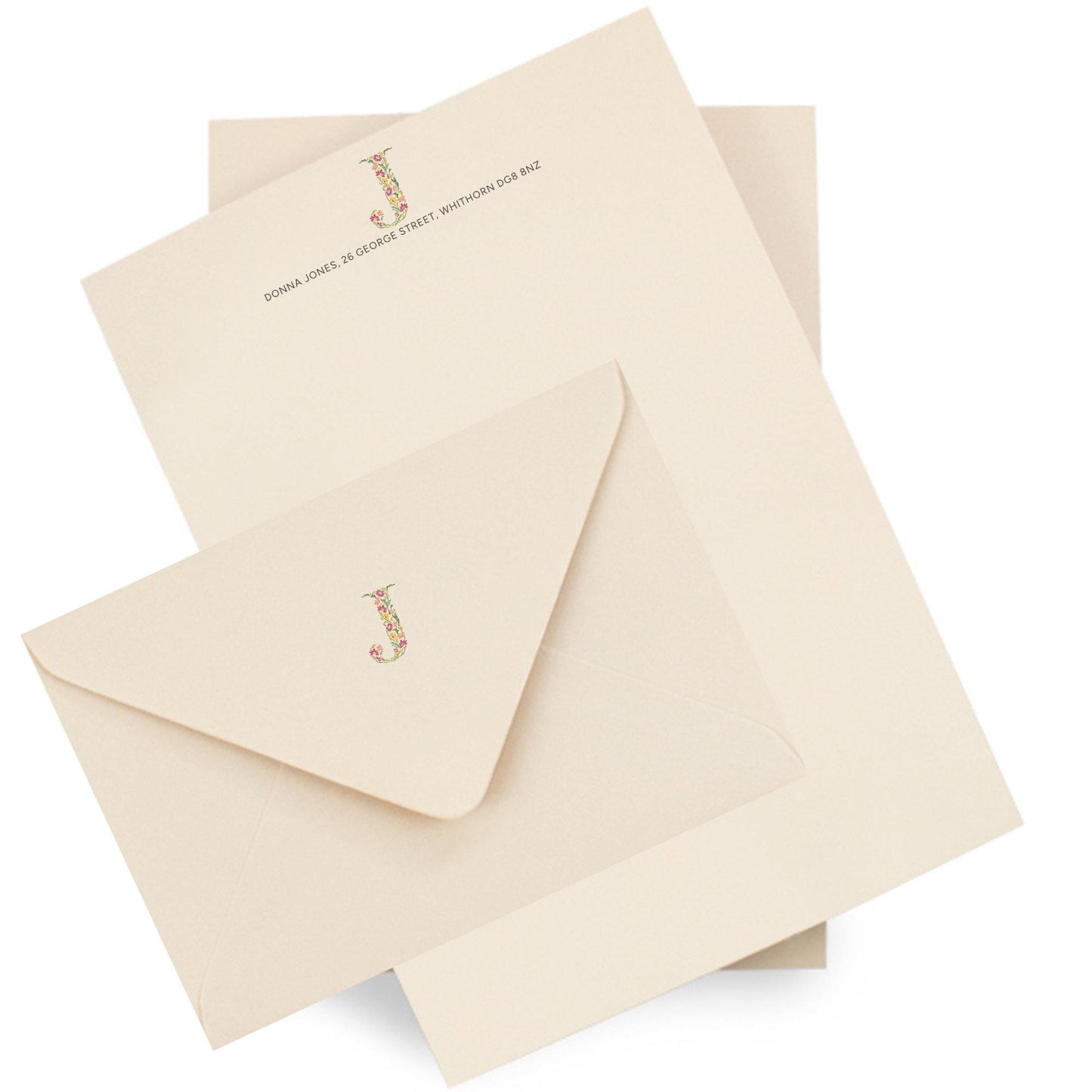 Personalised Colourful Flower Monogram Stationery Set. Thick A5 Writing paper and matching printed envelopes. Grey, Pink or Almond paper.