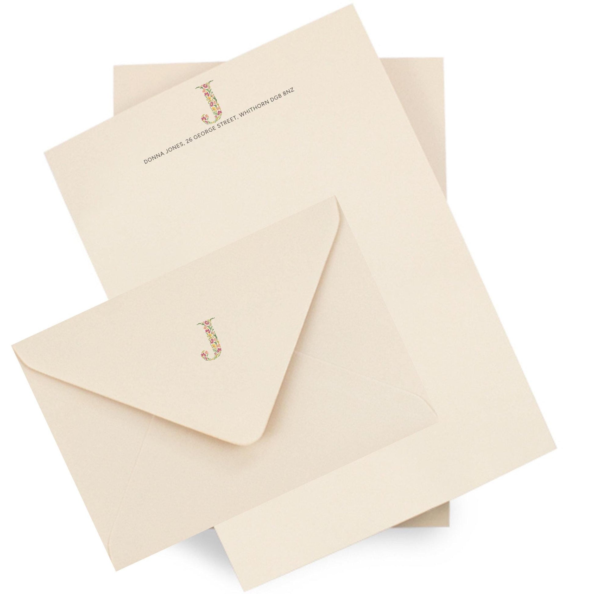 Personalised Colourful Flower Monogram Stationery Set. Thick A5 Writing paper and matching printed envelopes. Grey, Pink or Almond paper.