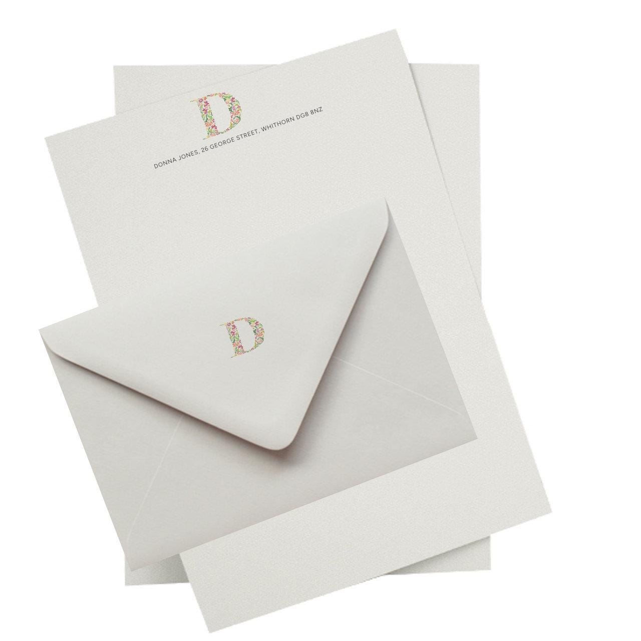 Personalised Colourful Flower Monogram Stationery Set. Thick A5 Writing paper and matching printed envelopes. Grey, Pink or Almond paper.