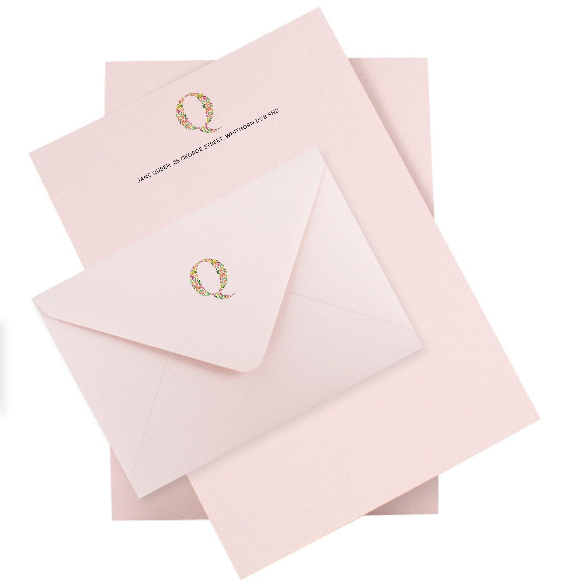 Personalised Colourful Flower Monogram Stationery Set. Thick A5 Writing paper and matching printed envelopes. Grey, Pink or Almond paper.