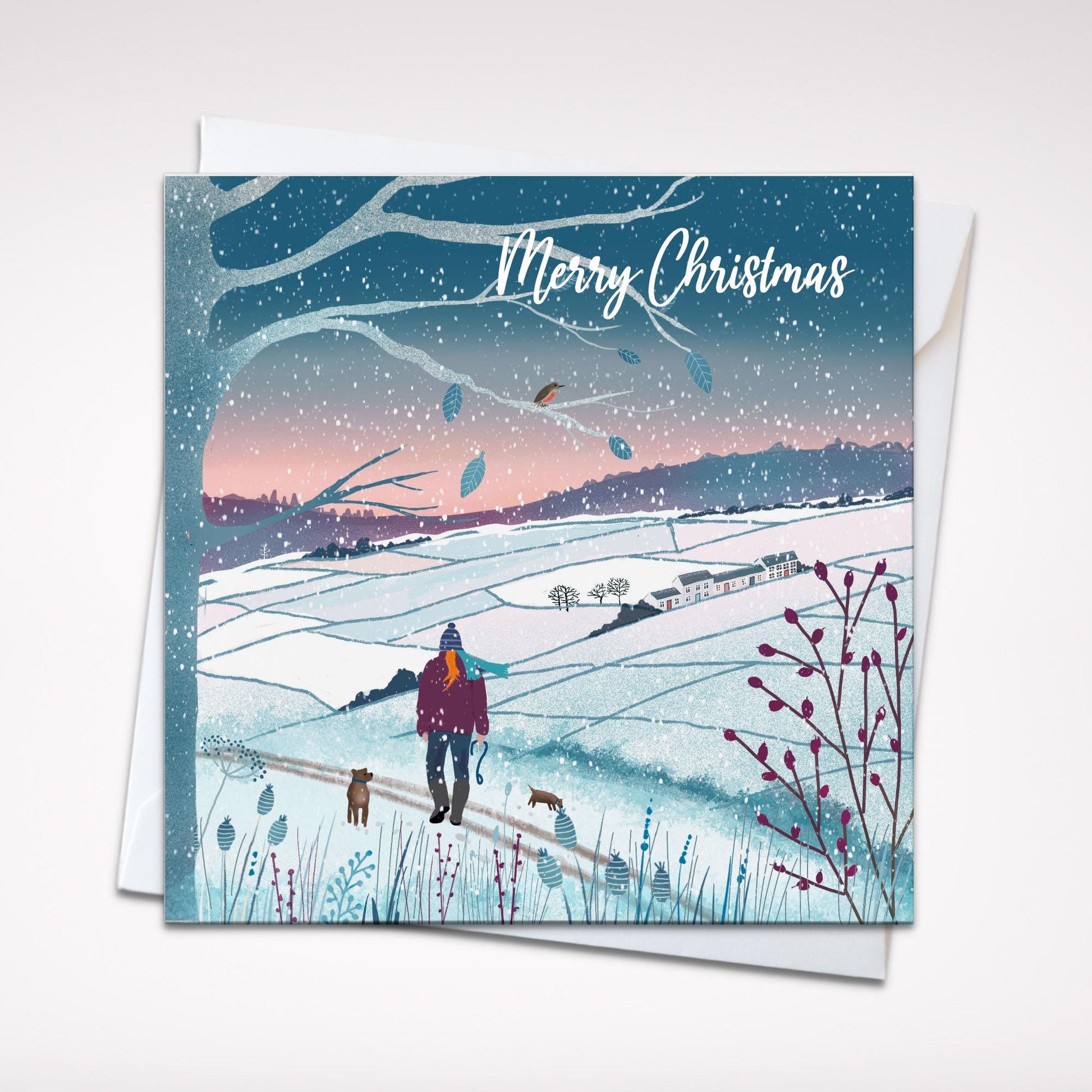 Snowy Fields, Countryside Winter Christmas Card. eaturing winter walks with dogs. Can be personalised