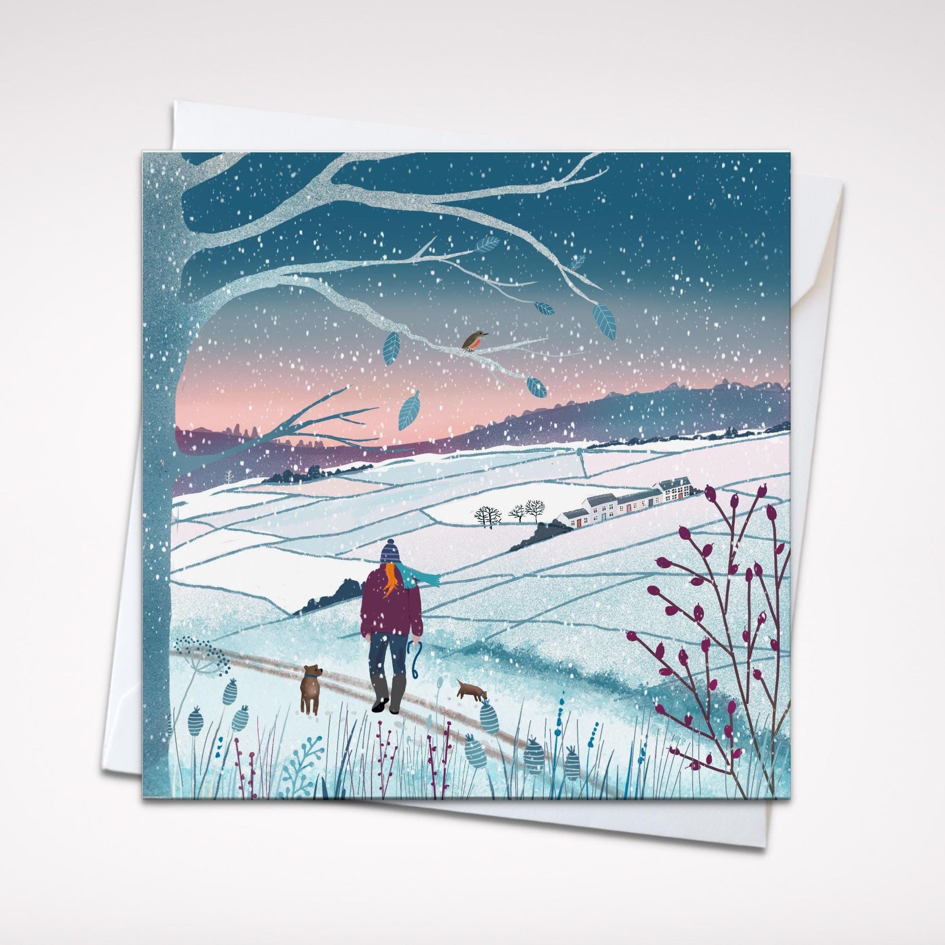 Snowy Fields, Countryside Winter Christmas Card. eaturing winter walks with dogs. Can be personalised