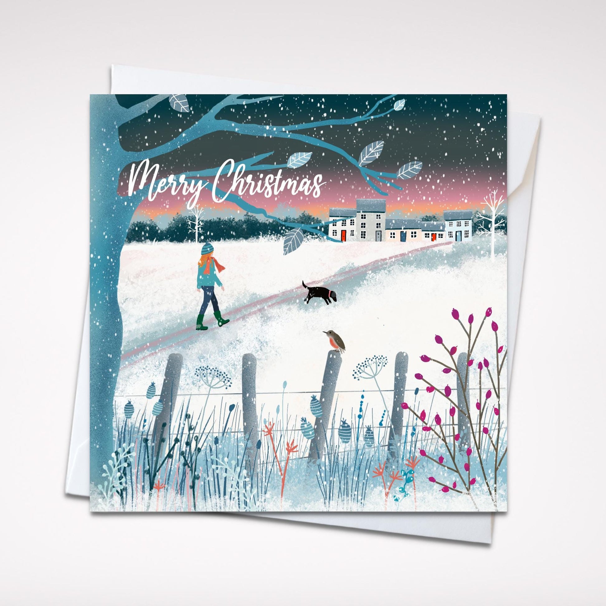 Snowy Walk, Galloway Winter Christmas Card. Made in Scotland. Featuring winter walks with dogs.