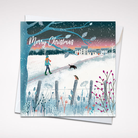 Snowy Walk, Galloway Winter Christmas Card. Made in Scotland. Featuring winter walks with dogs.