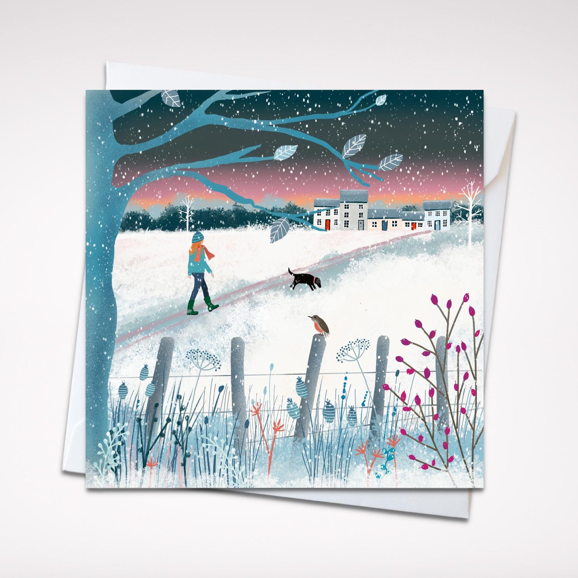 Snowy Walk, Galloway Winter Christmas Card. Made in Scotland. Featuring winter walks with dogs.
