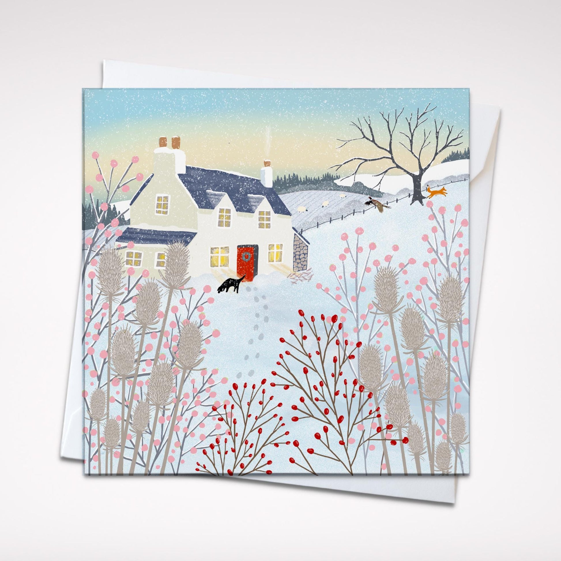 Christmas card, Pheasant Cottage, A Country Christmas. Cards from original art featuring cosy country scenes, Can be personalised.