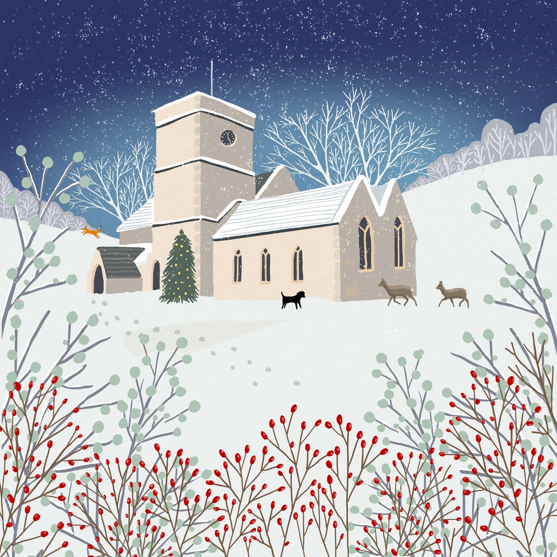 Christmas card, The Parish Church, A Country Christmas. Cards from original art featuring cosy country scenes, Can be personalised.