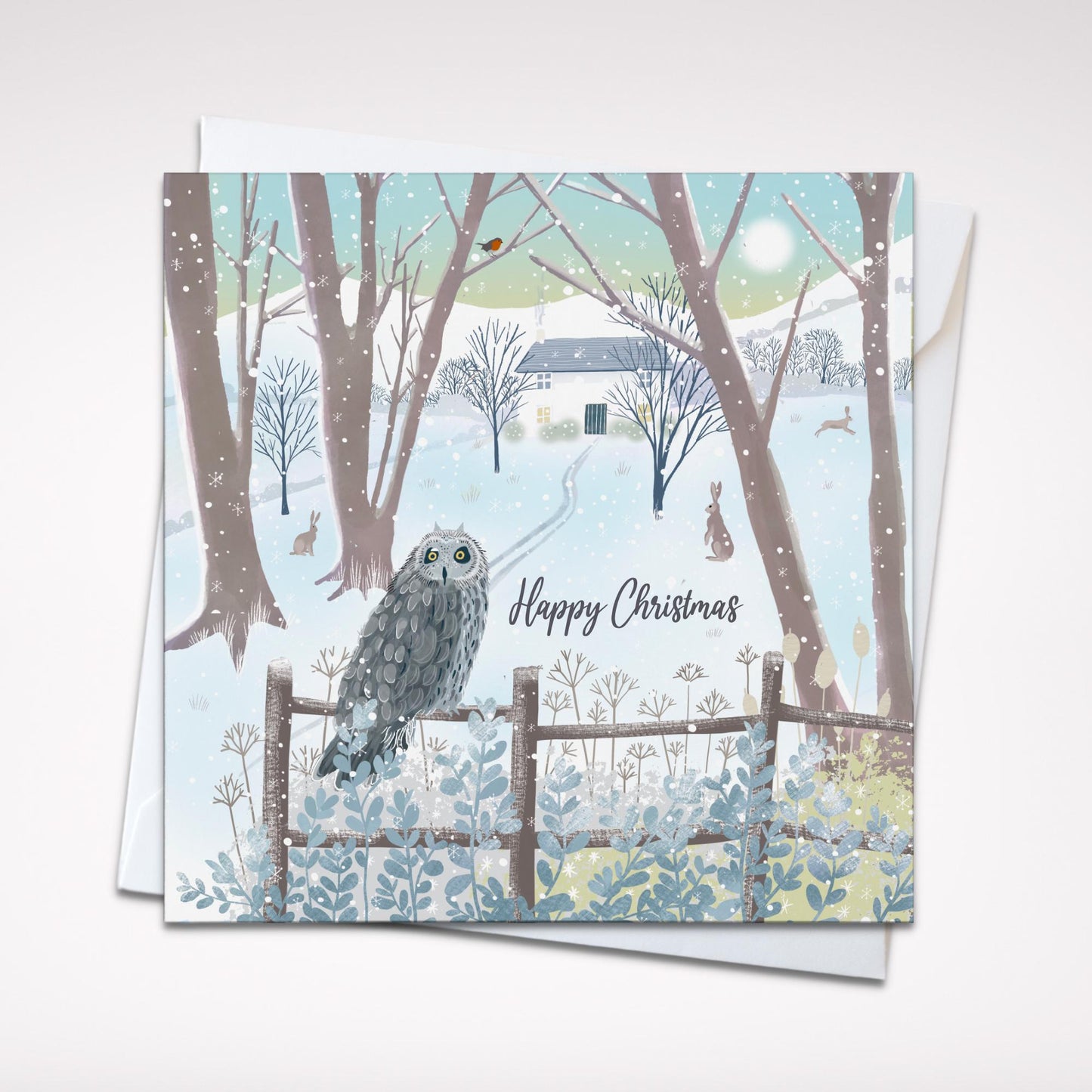 Snowy Owl Christmas card. Winter card. Can be personalised. Greetings cards handmade. Scottish winter landscape. Seasonal card.