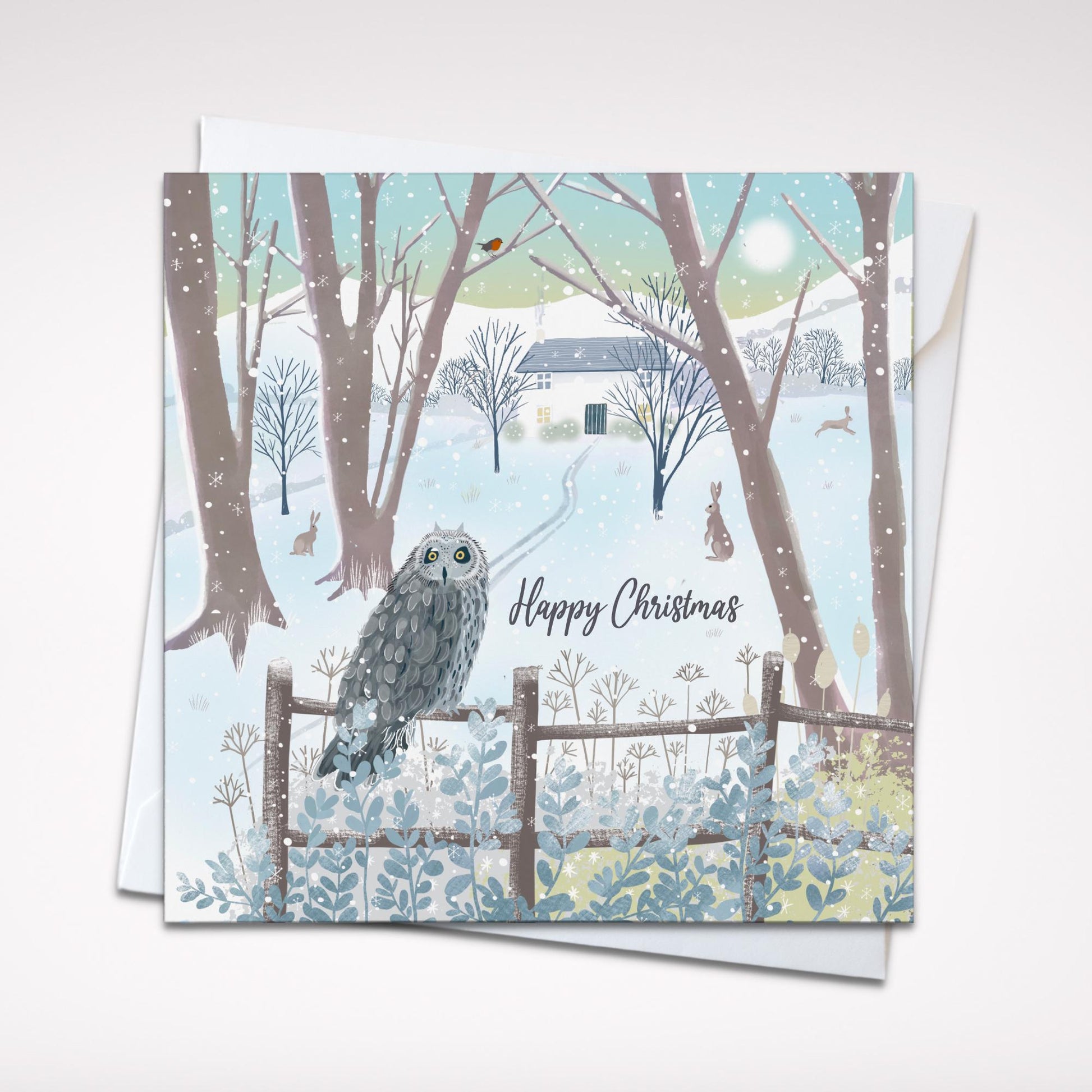 Snowy Owl Christmas card. Winter card. Can be personalised. Greetings cards handmade. Scottish winter landscape. Seasonal card.