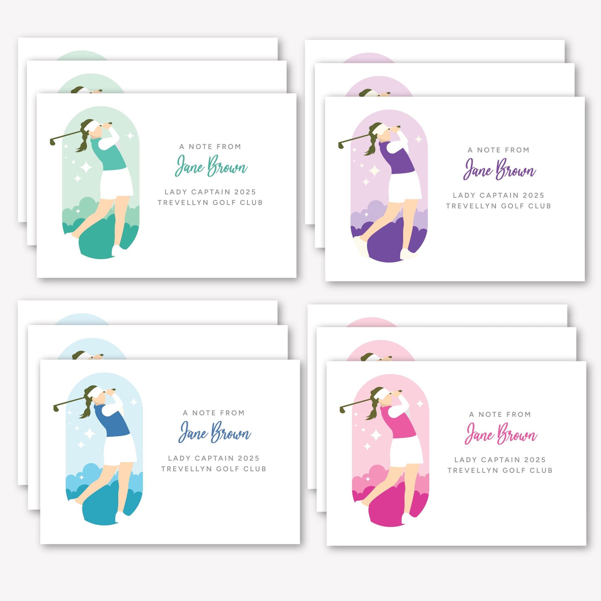Pack of 12 Lady Captain/golfer personalised notecards - cream or white with matching envelopes envelopes. 3 each of 4 designs. Womens Golf.