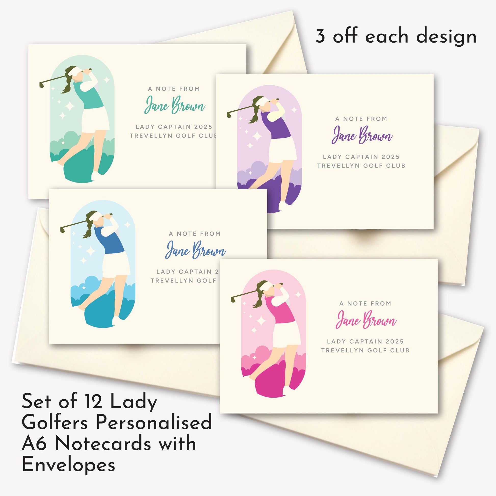 Pack of 12 Lady Captain/golfer personalised notecards - cream or white with matching envelopes envelopes. 3 each of 4 designs. Womens Golf.