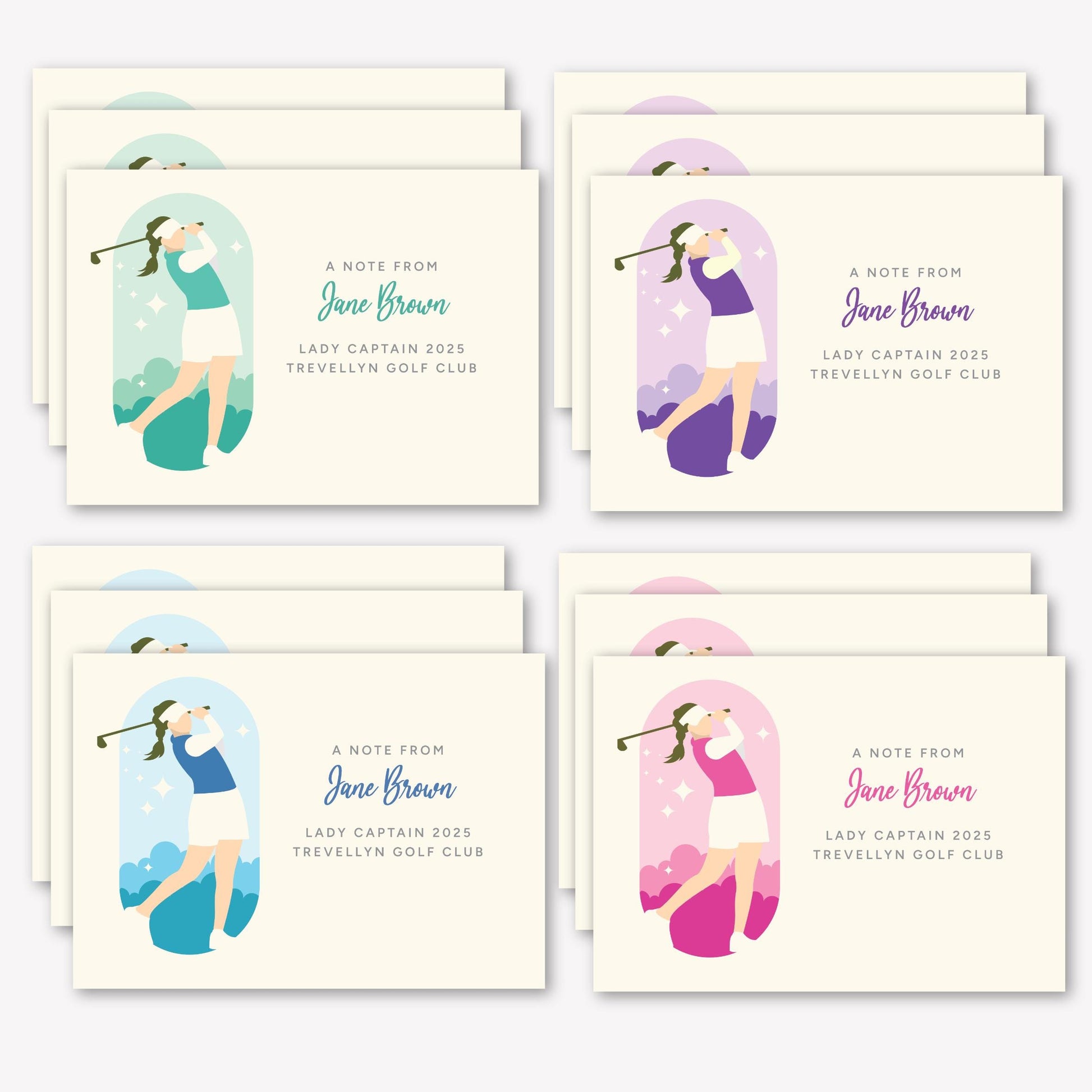 Pack of 12 Lady Captain/golfer personalised notecards - cream or white with matching envelopes envelopes. 3 each of 4 designs. Womens Golf.