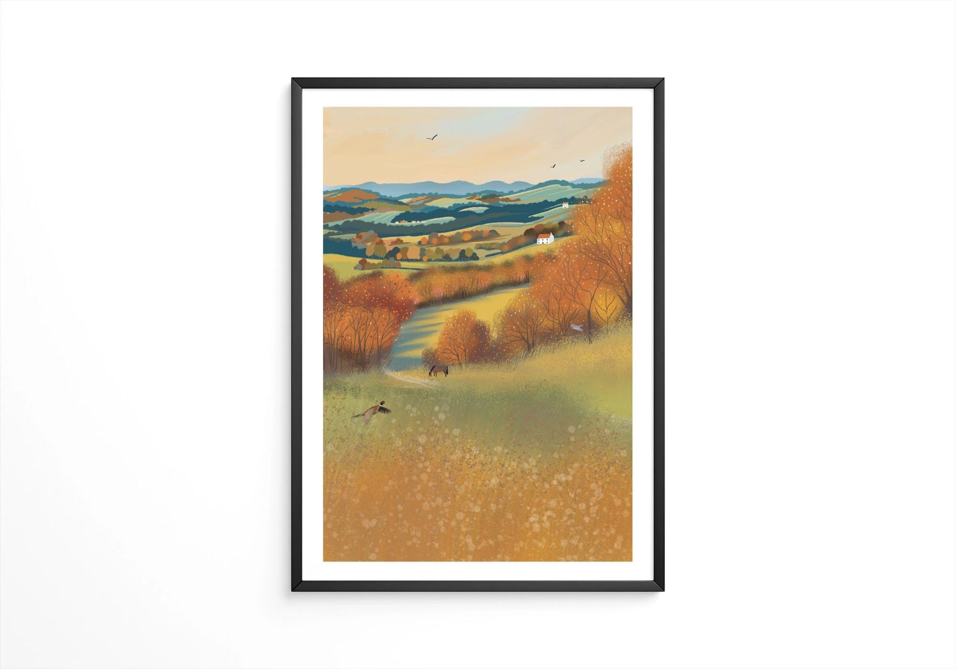Autumn Valley Art Print. Warm and cozy art. British rural landscape. Original art. Print only or Framed