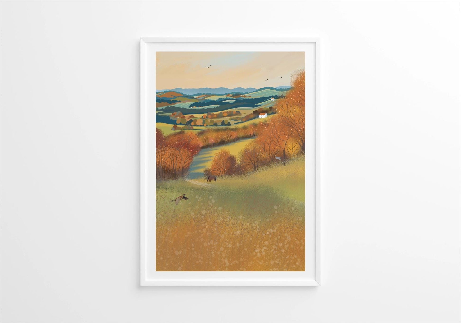Autumn Valley Art Print. Warm and cozy art. British rural landscape. Original art. Print only or Framed